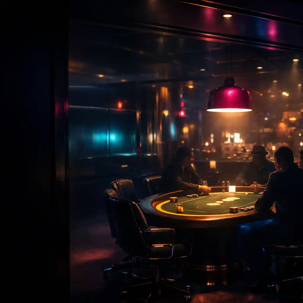 Violet-lit physical card lounge with a felt-topped poker table and seated guests in conversation