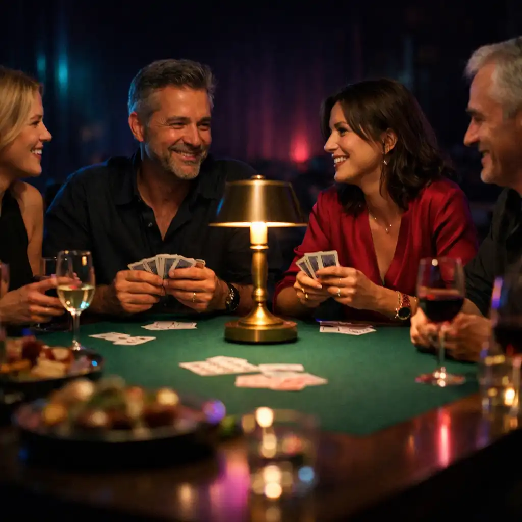 Small adult group gathered around a refined card table with dishes and glassware in a dark restaurant lounge