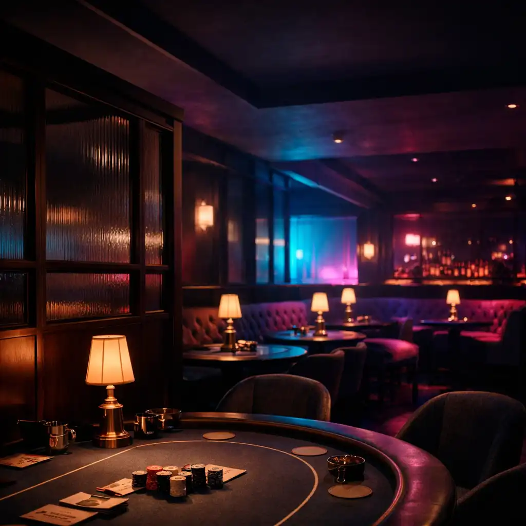 Architectural view across dark timber, smoked glass and prepared felt tables in the Card Lounge