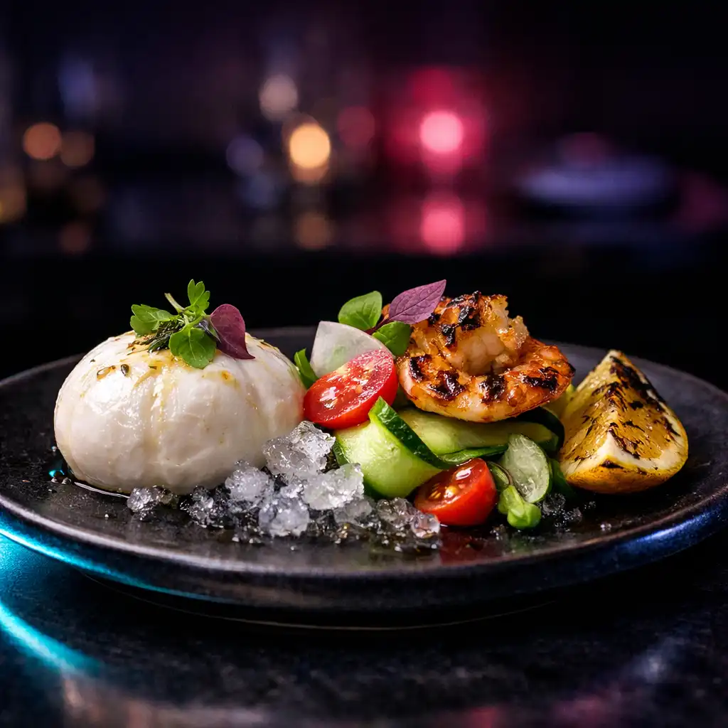 Bright opening plate with chilled and lightly charred elements