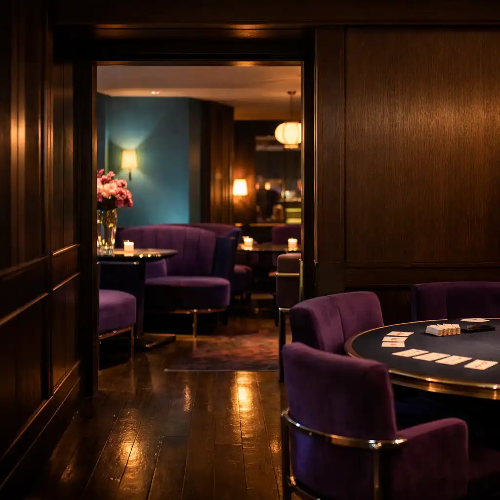 Dark timber entry passage opening into the violet-lit CROWN & ONYX lounge.