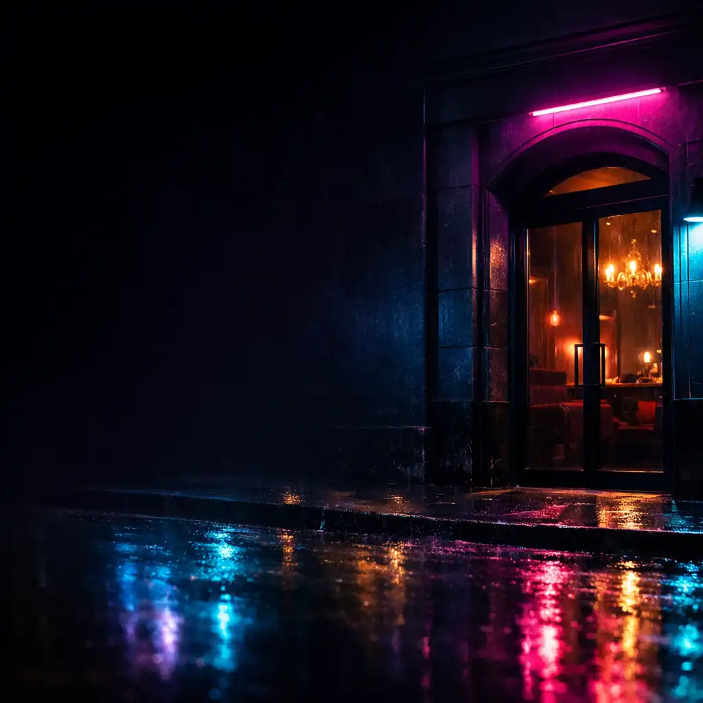 Violet-lit entrance threshold to CROWN & ONYX at night.
