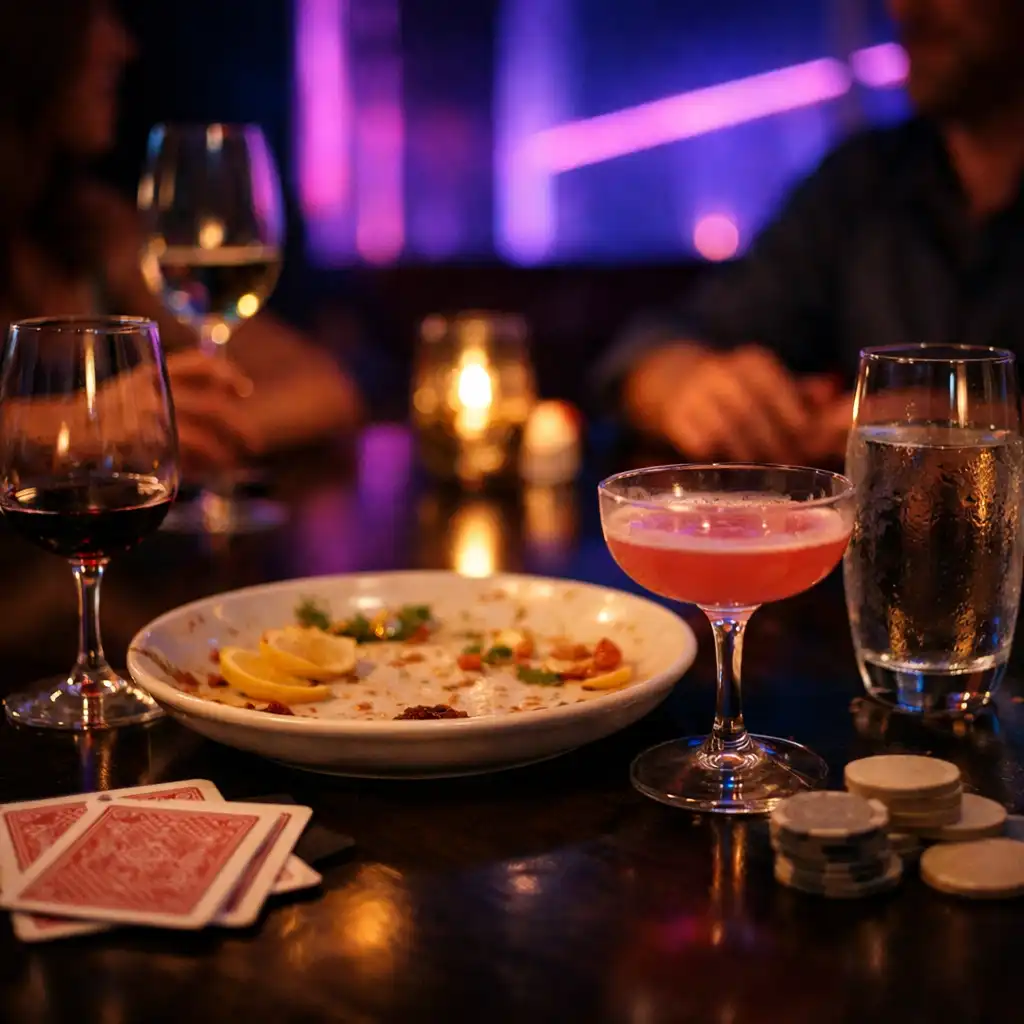Dinner setting with glassware and subtle card-lounge table details