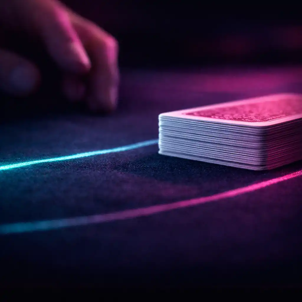 Close view of physical playing card edges on a dark table