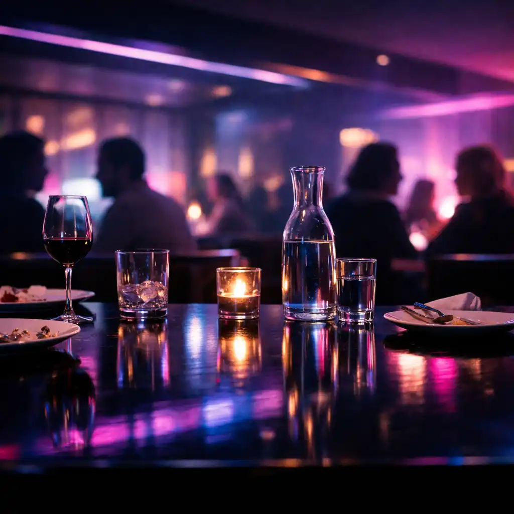 Dining table reflections and glassware in violet and pink light