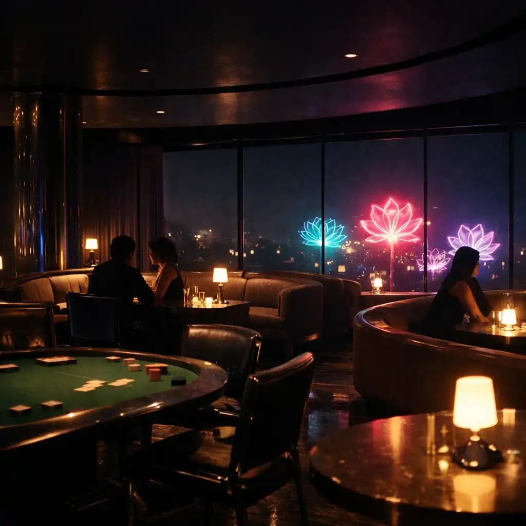 Architectural lounge view with illuminated tables after midnight