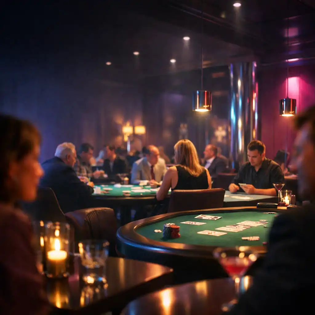 Restaurant lounge interior with diners and physical poker tables in the middle distance