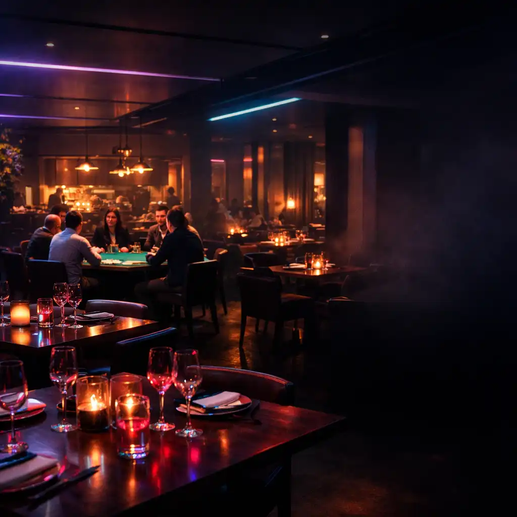 Low-lit restaurant tables with an offline card table deeper in the room