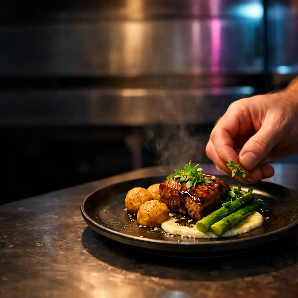 A plated dish being finished on a late-night kitchen pass