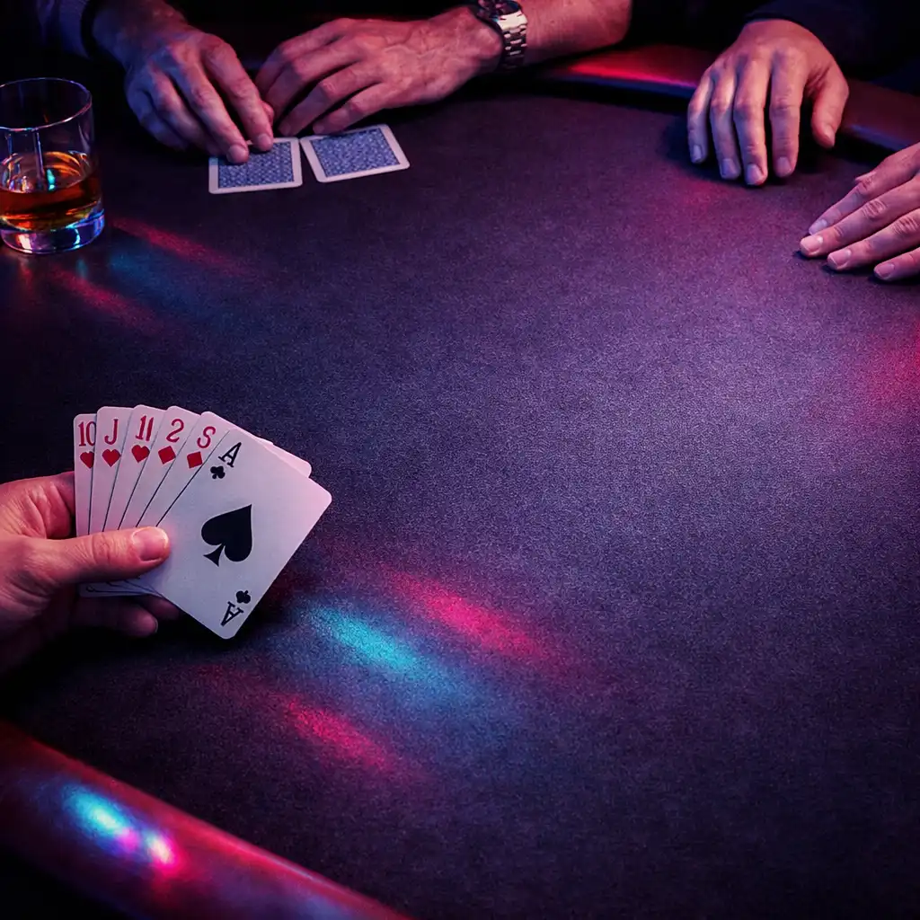 Hands and physical card edges on a dark poker table under coloured light