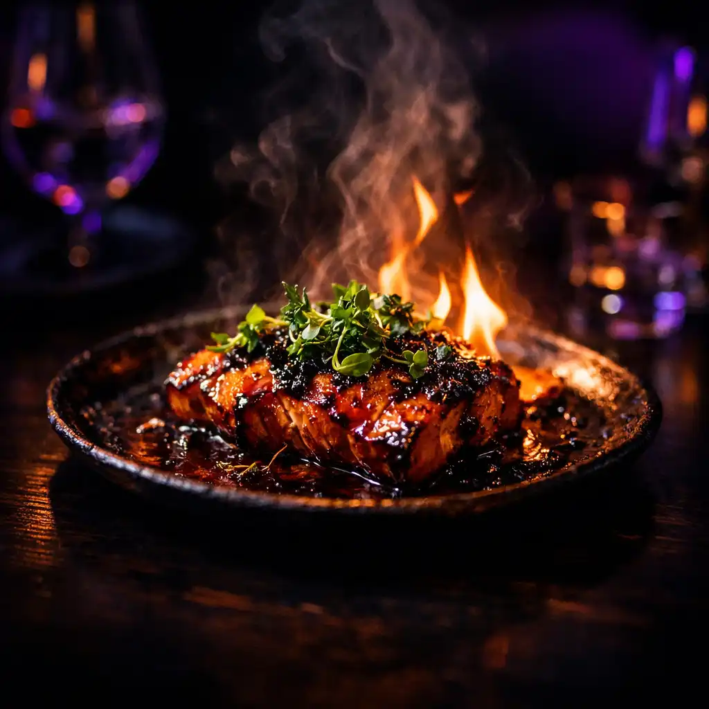 Fire-led centre plate with lacquered surface and rising steam