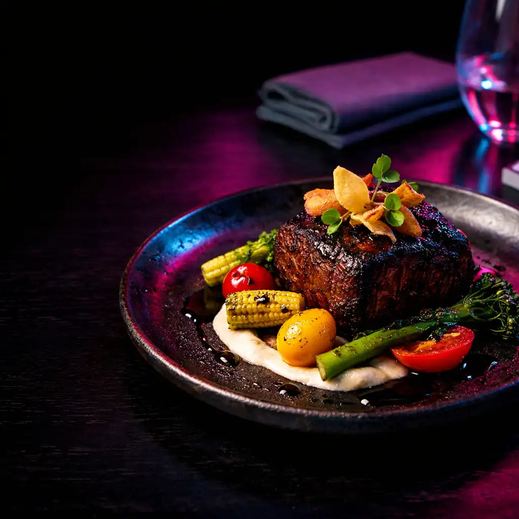 Charred plated dish on a violet-lit restaurant table