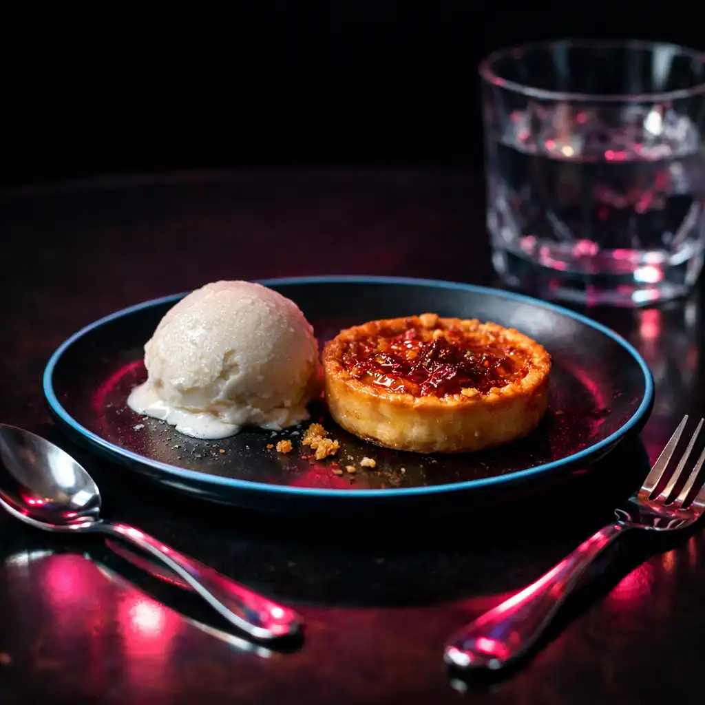 Late-night dessert detail on a reflective dark table