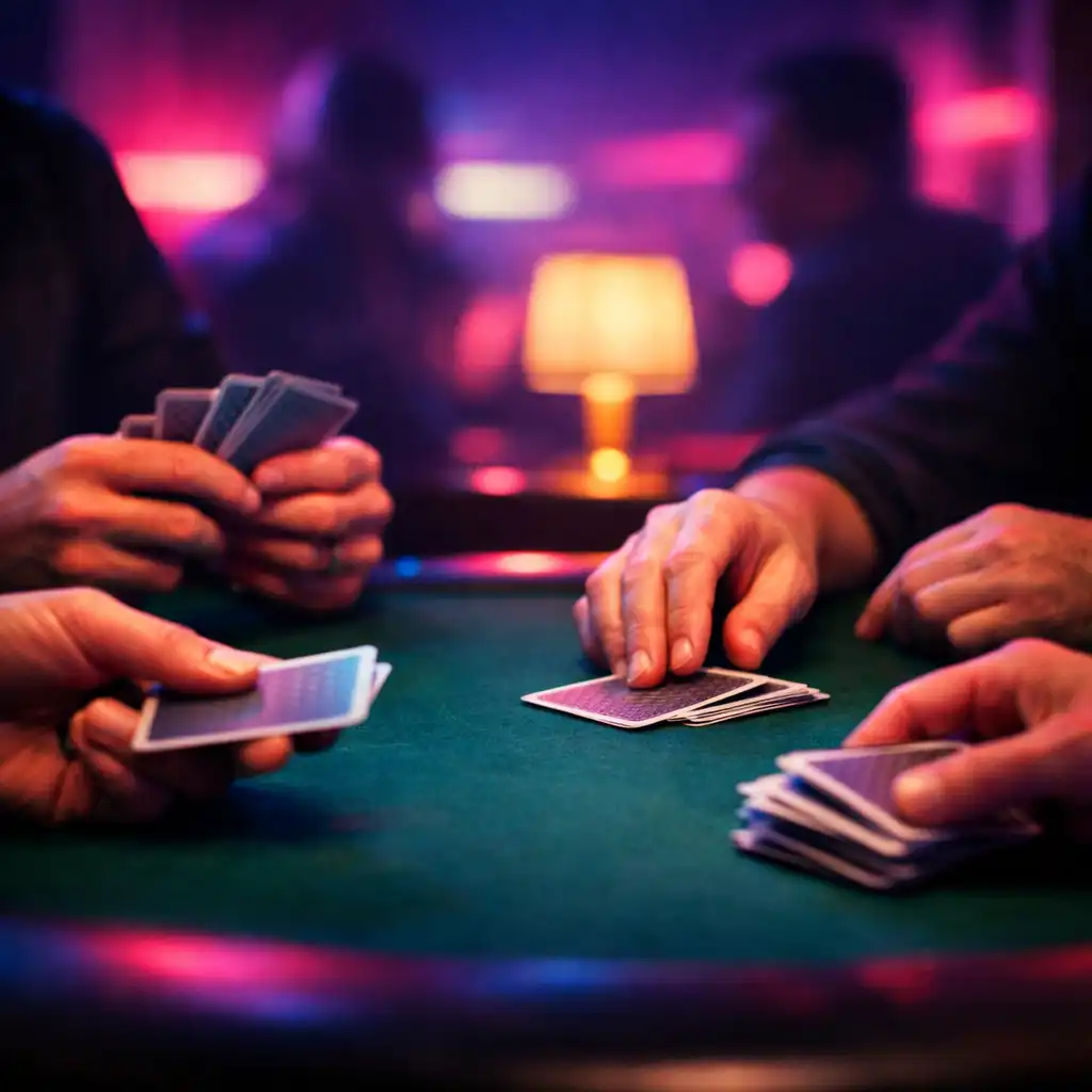 Adult hands carefully holding physical playing cards around a felt table.