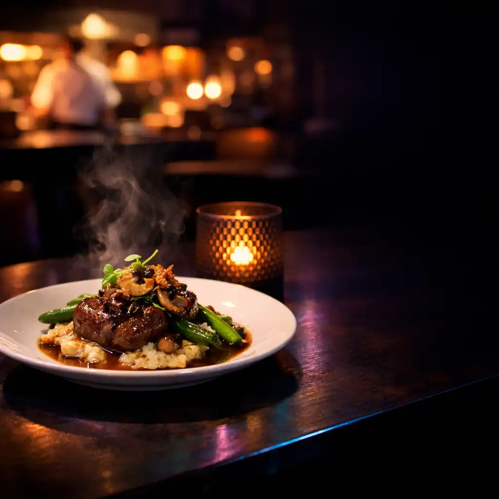 A refined plated dish on a dark table with warm kitchen light in the background.