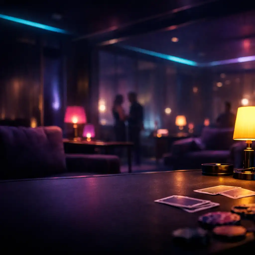 A calm late-night lounge interior with illuminated tables, layered seating, and distant conversation.