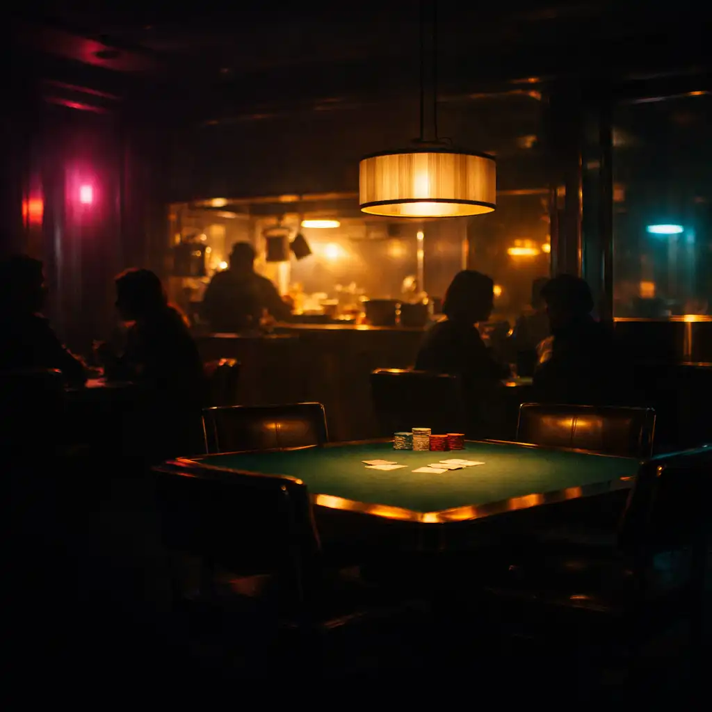 A softly lit CROWN & ONYX lounge interior with tables, conversation, and distant kitchen warmth.