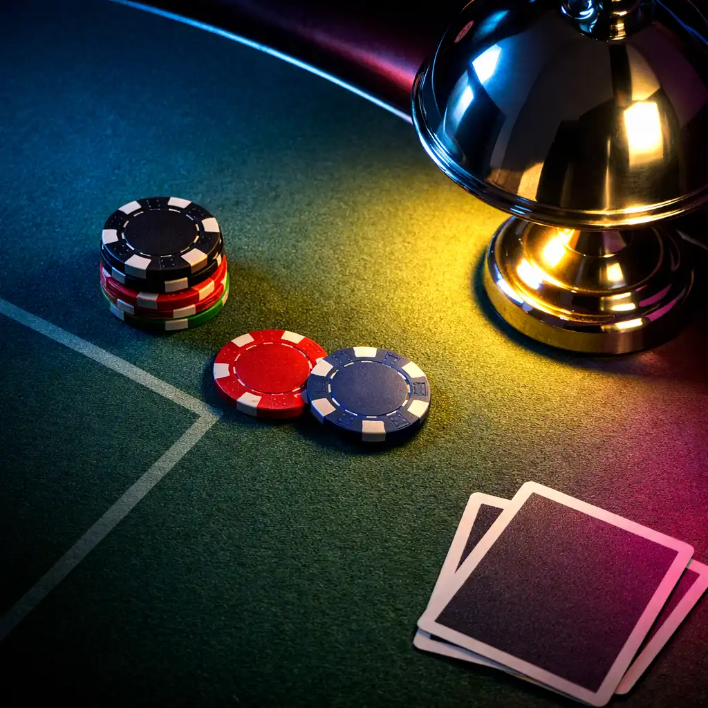 A chrome table lamp casting light across felt, card edges, and physical table chips.