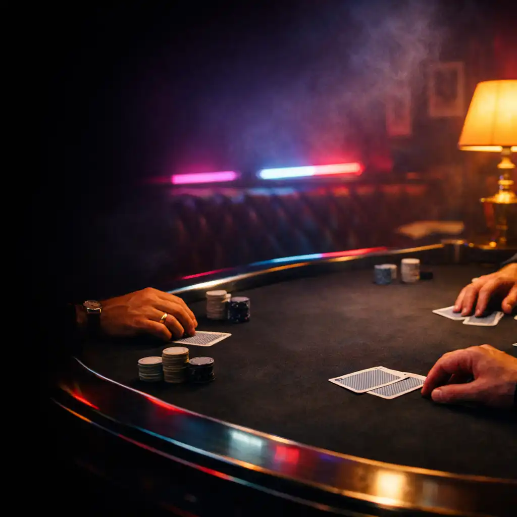 Physical playing cards and hands around a dark felt table in the CROWN & ONYX card lounge