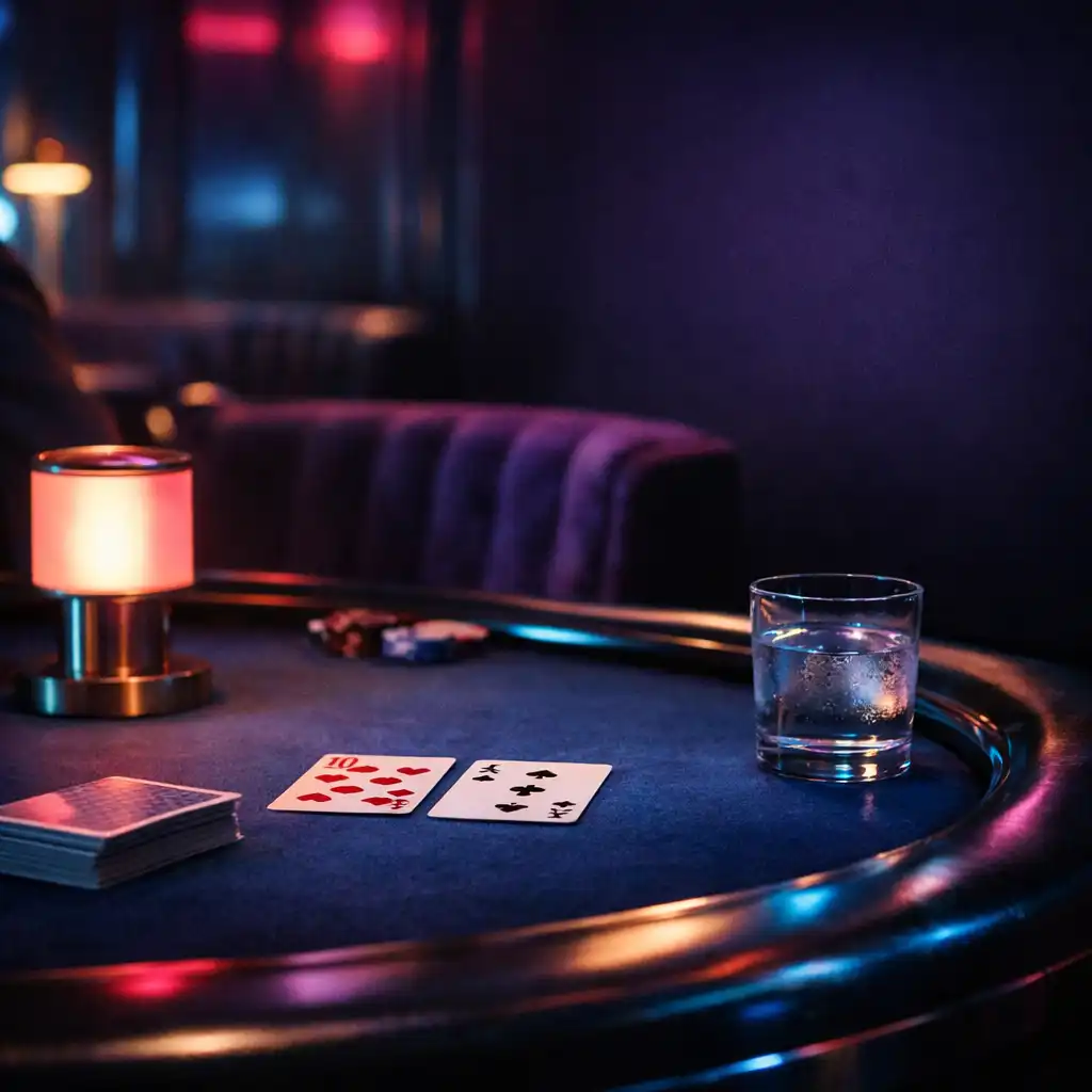 Polished poker table with cards, water glass and velvet seating in a dark restaurant card lounge