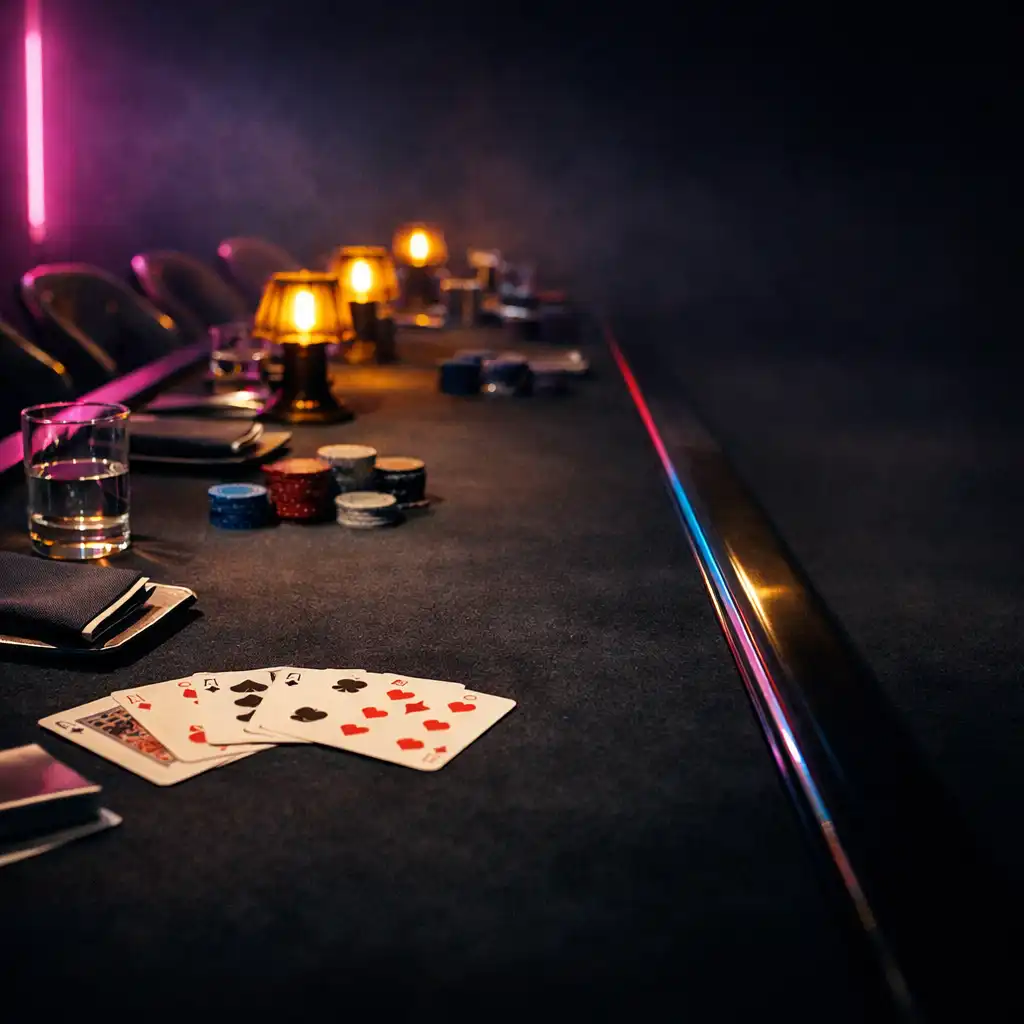 Prepared long card table with physical cards, water glasses and low lamps for a private gathering