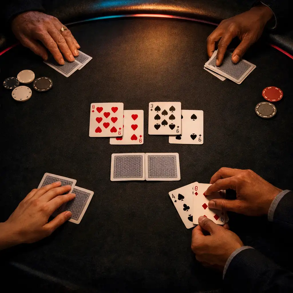 Hands arranging physical playing cards on a dark felt table under soft coloured light
