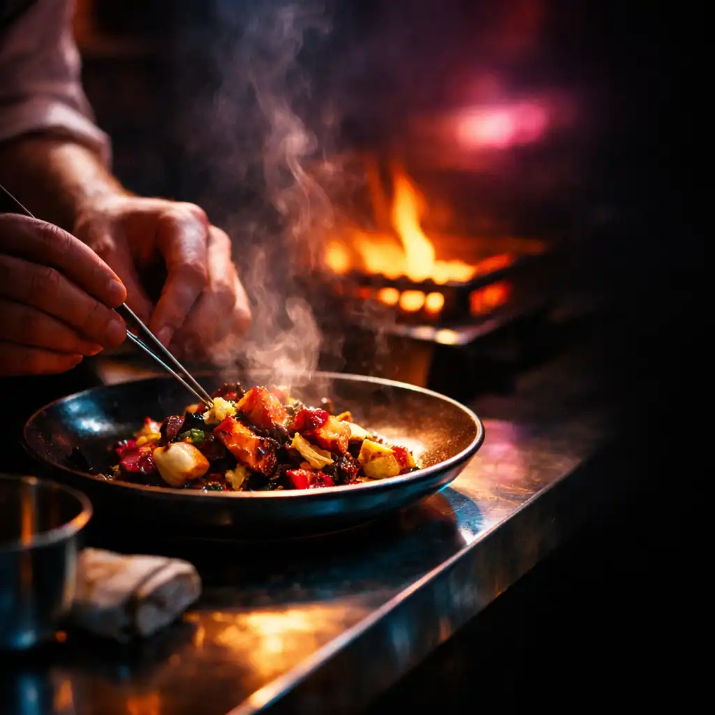 Chef hands finishing a textured dish near kitchen heat and rising steam