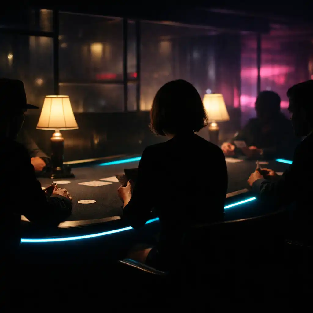 Dark card-lounge table with soft lamp pools and silhouetted guests
