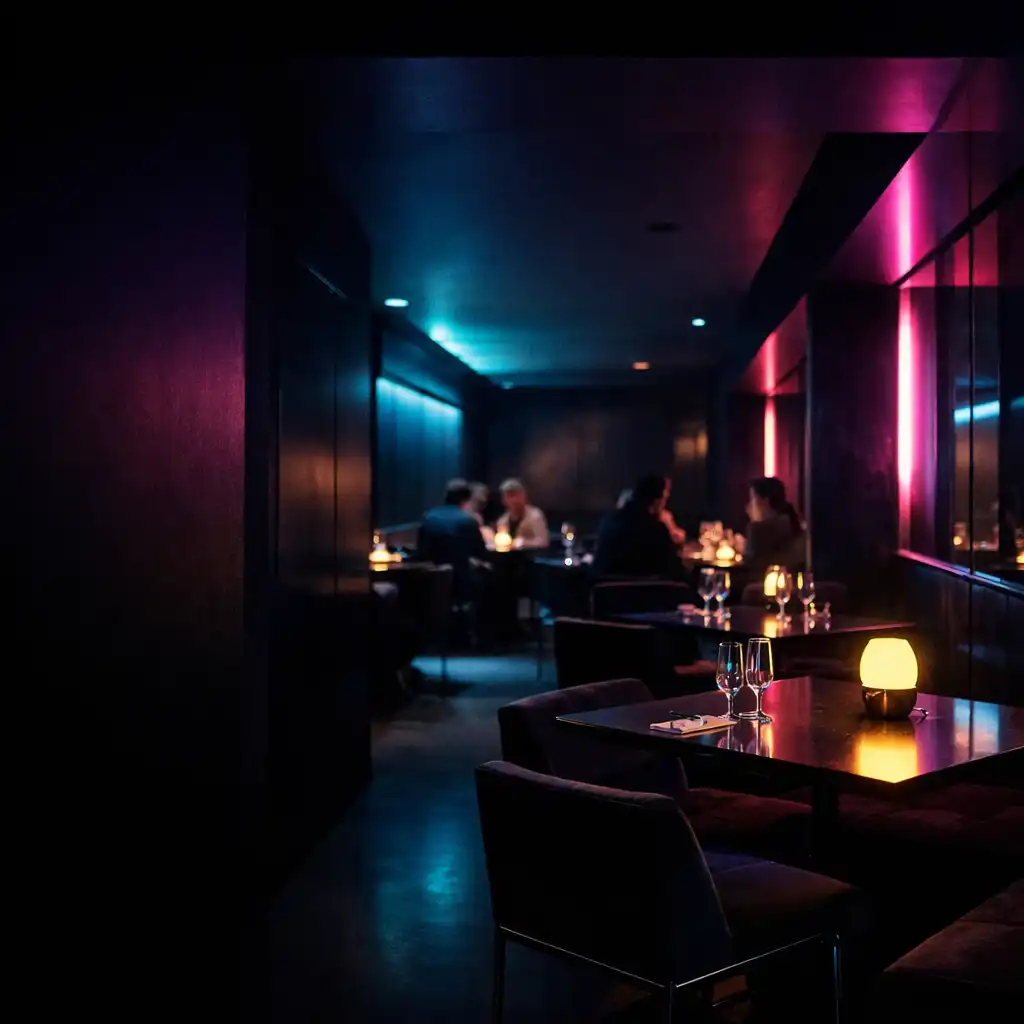 Dark late-night dining room with angular tables and violet architectural light