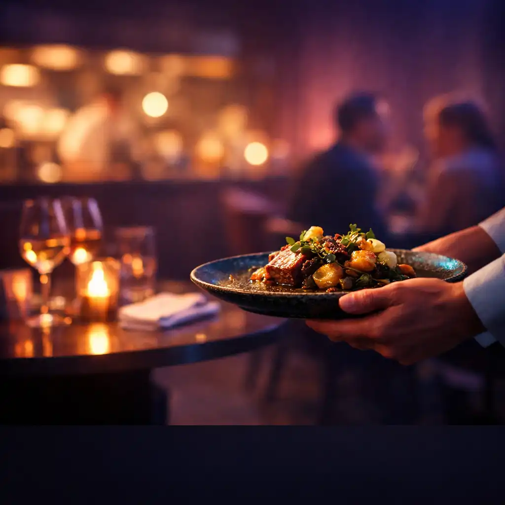 Restaurant service gesture passing a textured dish through a softly lit dining room