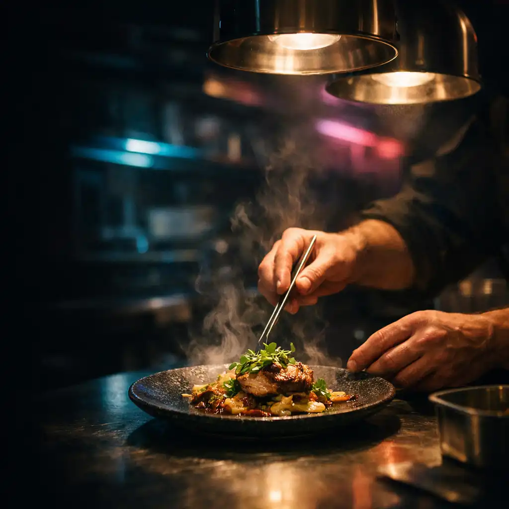 Cook finishing a plated dish at a softly lit kitchen pass